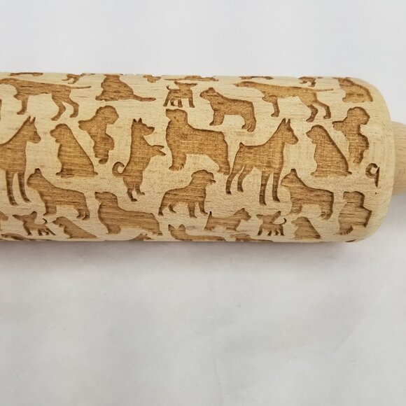 Wooden Rolling Pin Dog Motif Laser Etched Beautiful Baking Springerle Cookie - Picture 3 of 8